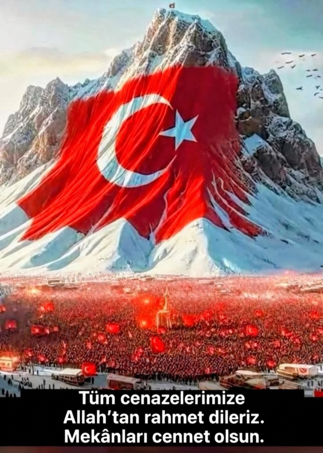 Türk bayrağı ve dağ manzarası üzerinde rahmet mesajı